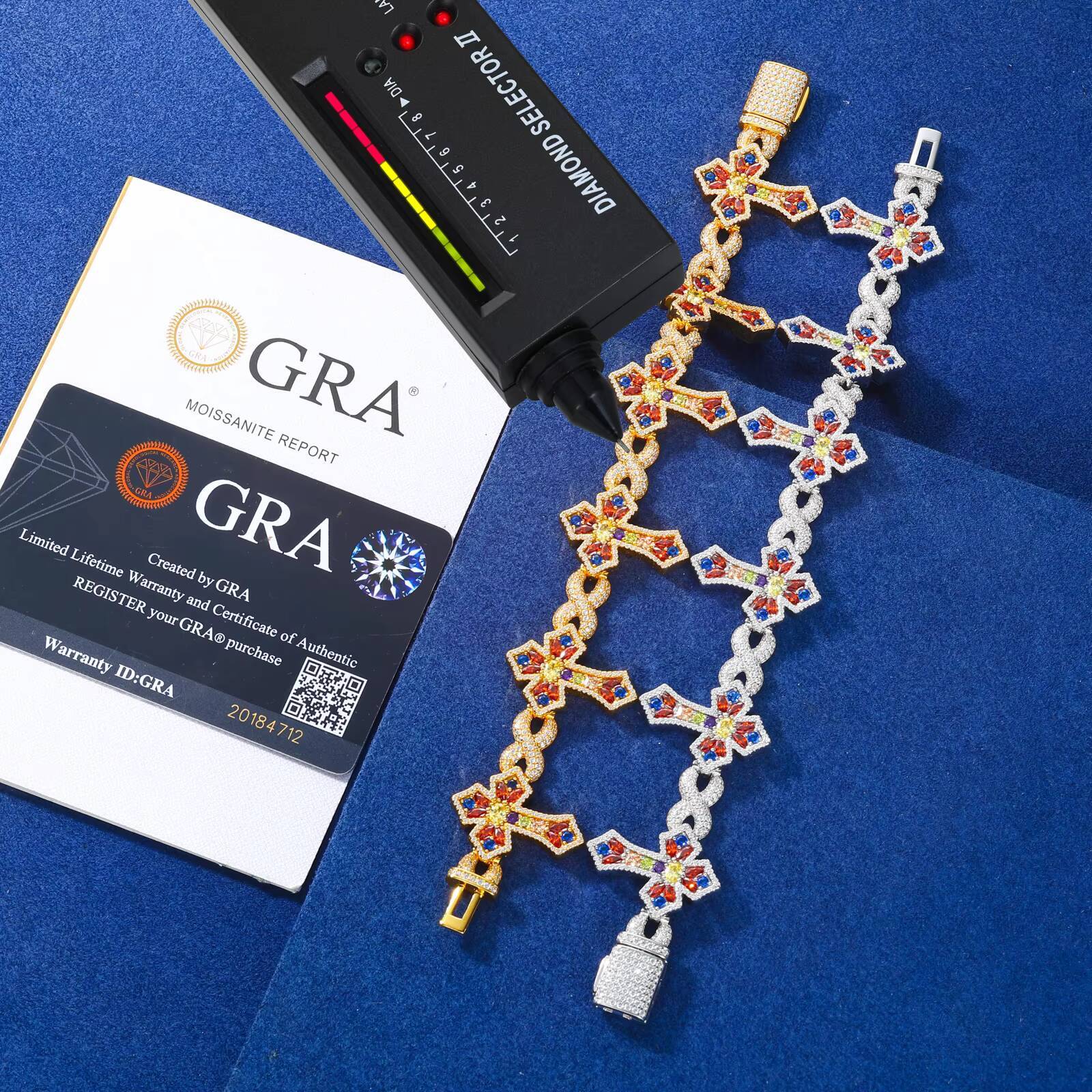 New Arrival Hip Hop Jewelry 26mm 925 Sterling Silver VVS Moissanite Colorful Moissanite Infinity Candy Cross Link Bracelet for Men