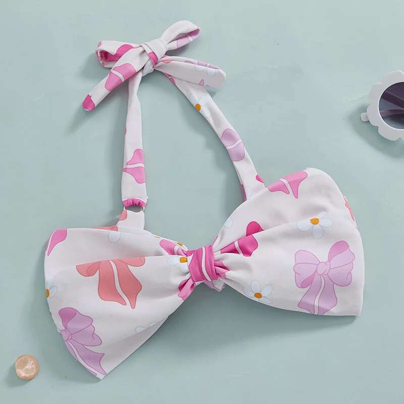 Kids Girl 2 Piece Swimsuits Summer Bow Print Halter Neck Tops and Elastic Shorts Set Bikini Bathing Suits
