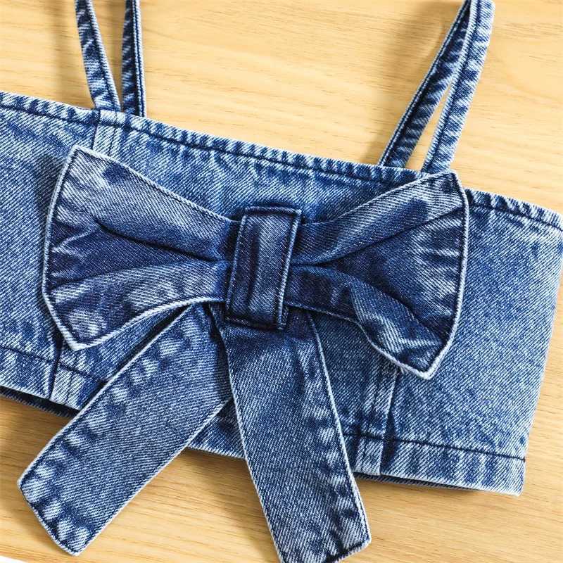 Pudcoco Childrens Baby Girls Summer 2-piece Solid Sleeveless Bow Denim Tank Top and Elastic Casual Ski Shorts Set 1-6TXJ250410