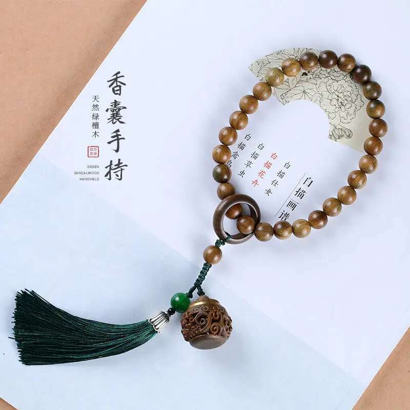 UMQ Natural Green Sandalwood Handheld HandString Carved Hollow Sachet Lotus Running Ring Tassel All-match Wooden Bracelet