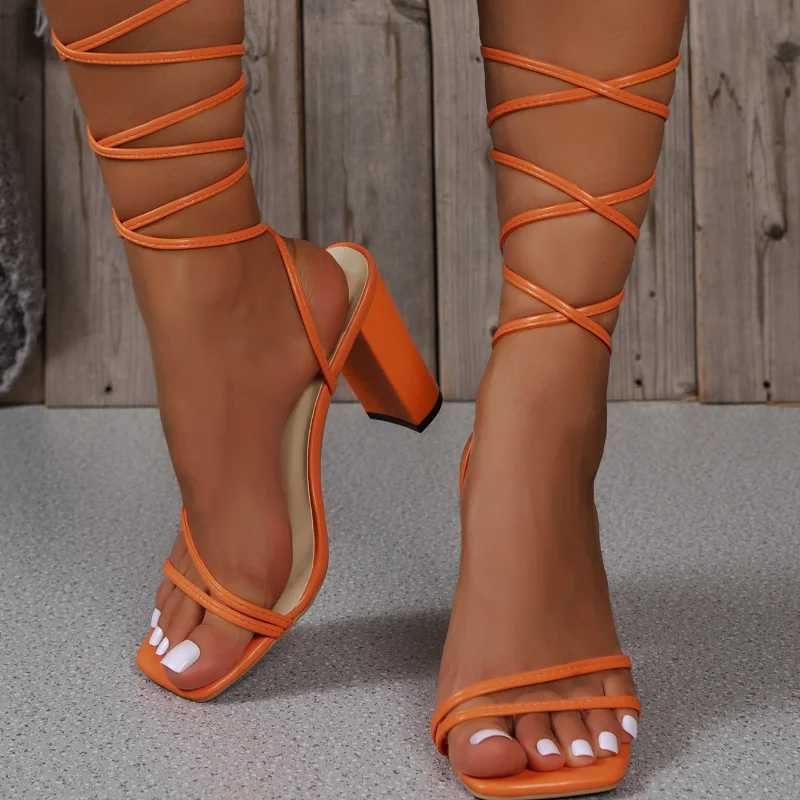 New Summer Womens White Elegant Cross Belt Solid Color Square Toe High Heels Womens Open Toe Fi Sexy Table Tennis Roman SandalsXJ250410