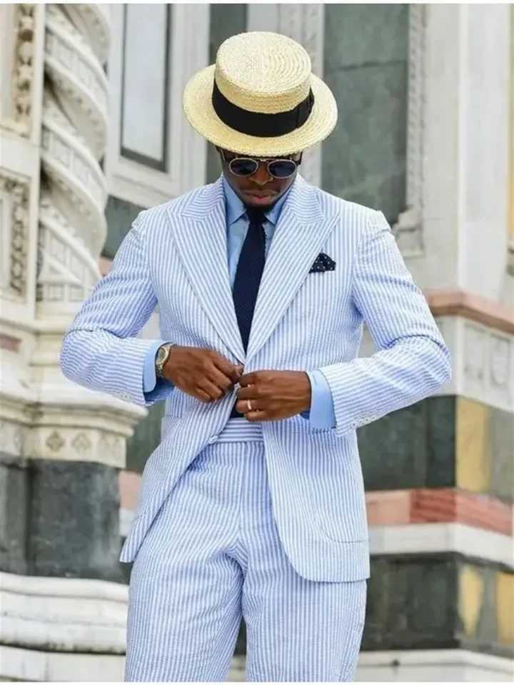 2 casual mens Seersucker striped suit custom wedding groom evening gown mens Peaked lapel jacket+pants W250410