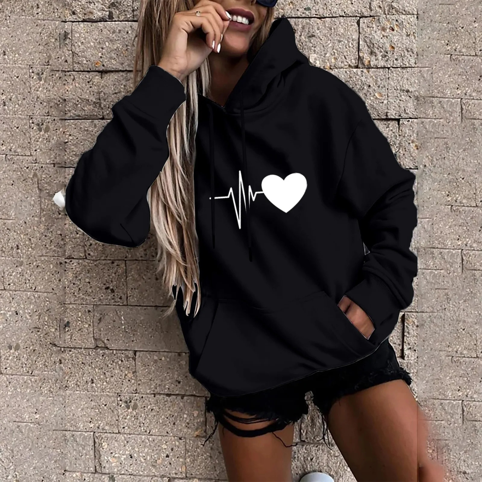 Womens Pullover Fashion Casual Fun Print Hooded Sweatshirt Loose Sports Tops Pullover 250410