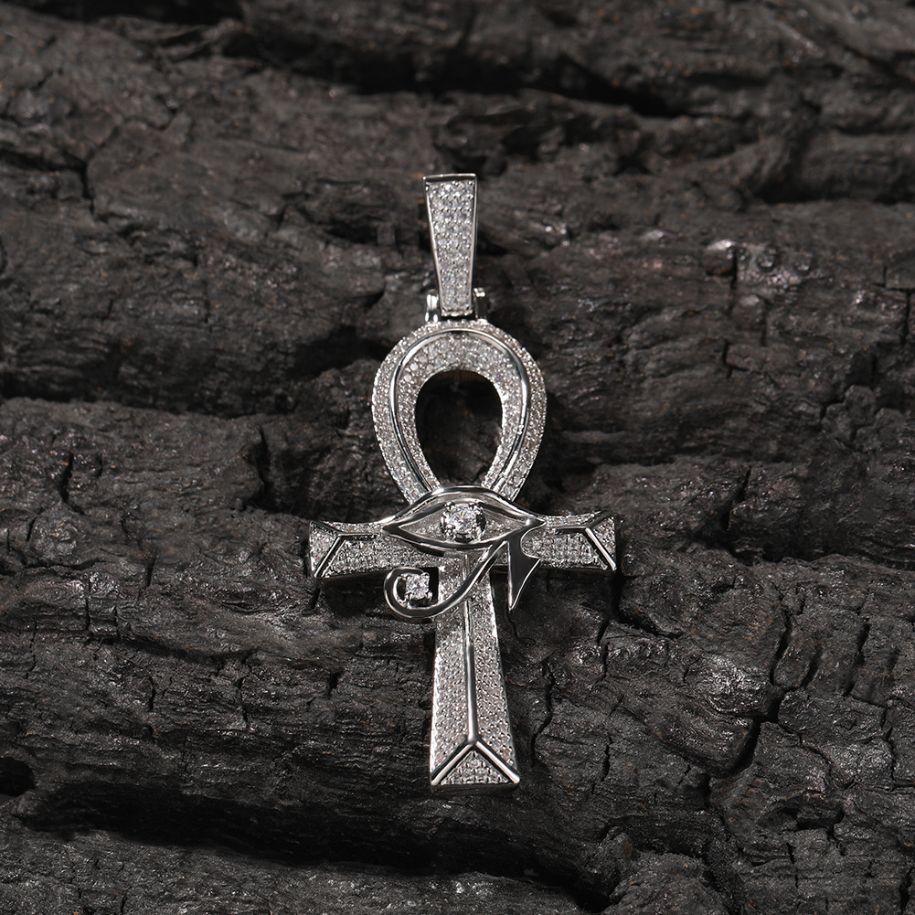 Pass Diamond Tester 925 Sterling Silver VVS Moissanite Diamond Ankh Cross Pendant Chain Necklace Jewelry Set