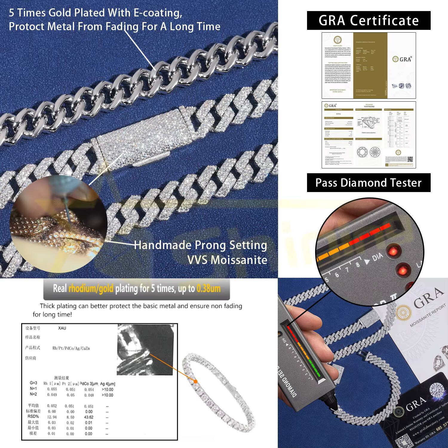 Pass Diamond Tester 925 Silver Hip Hop Jewelry Iced Out VVS Moissanite Diamond Spike Cuban Chain 10MM