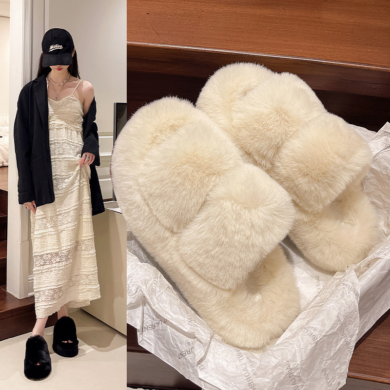 Litfun Winter Women Fluffy Slippers Winter Platform Plush Open Toe Slippers Indoor Fur Flat Slides Women Fuzzy House Shoes 251106