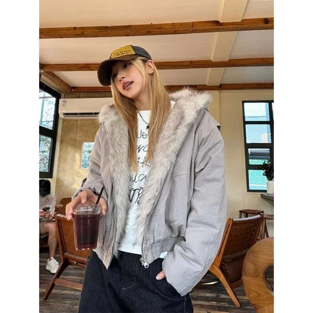 Winter High Street Fashion Retro Fur Collar Hooded Women's Y2k Veet Thick Warm Haruku Loose Casual Sports Jacket