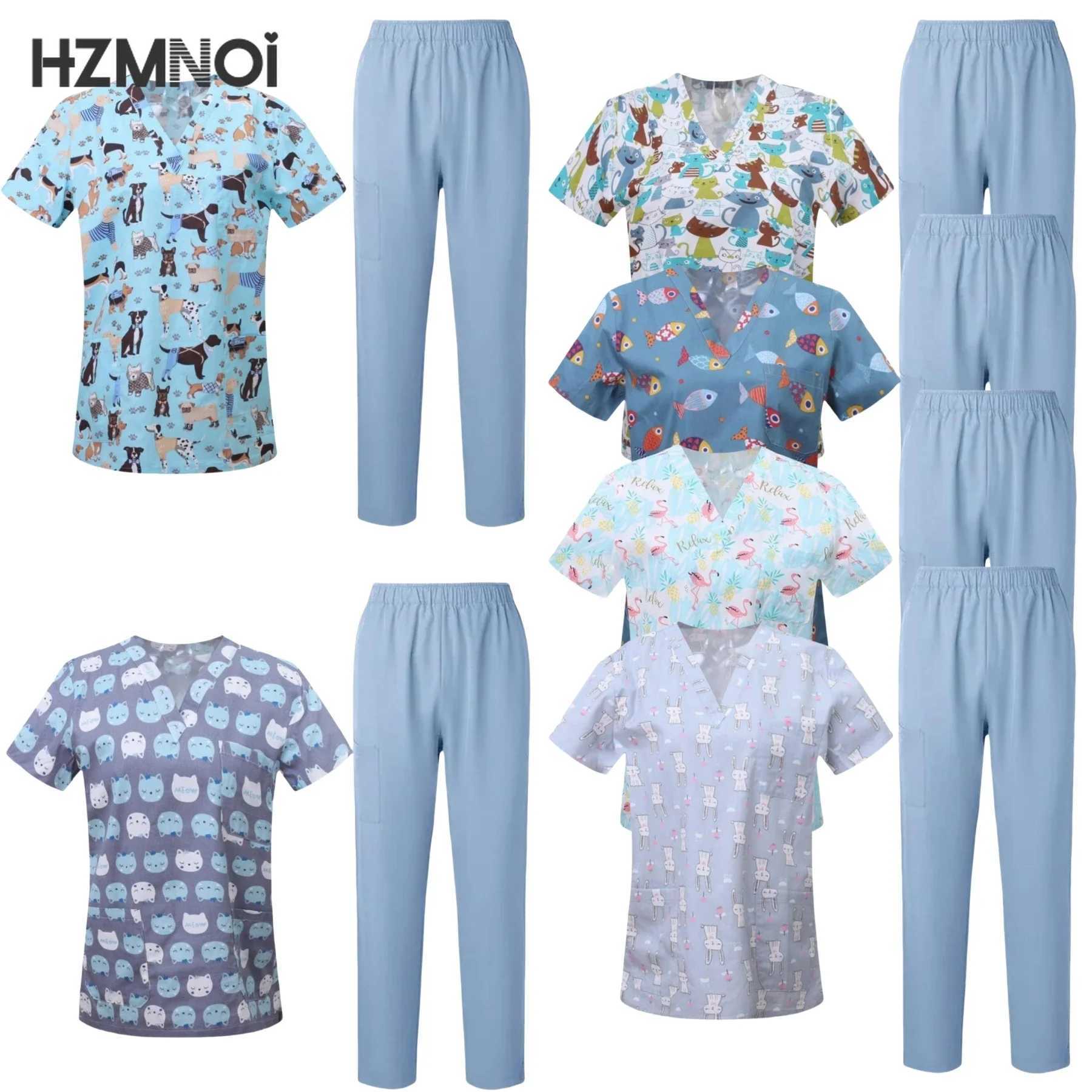Surgical Uniform Womens Printed Shirt Pocket Pants Medical Matte Set Beauty Sn Work Clothes Clinical Matte Top+Pants Spa Set X250410