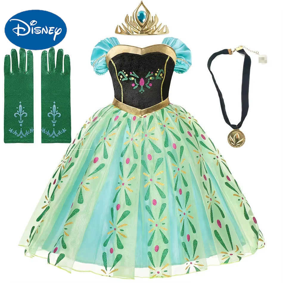 Disney 2025 Princess Girl Anna Dress Vestdos Party Birthday Costume Childrens Wig Crown Gloves Halloween CostumeXJ250411