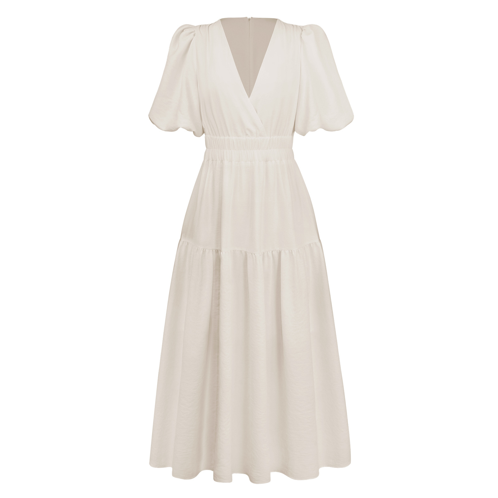 F48Elegant Deep V High-Quality Puff Sleeve Dress for Women - Perfect for Summer Holidays