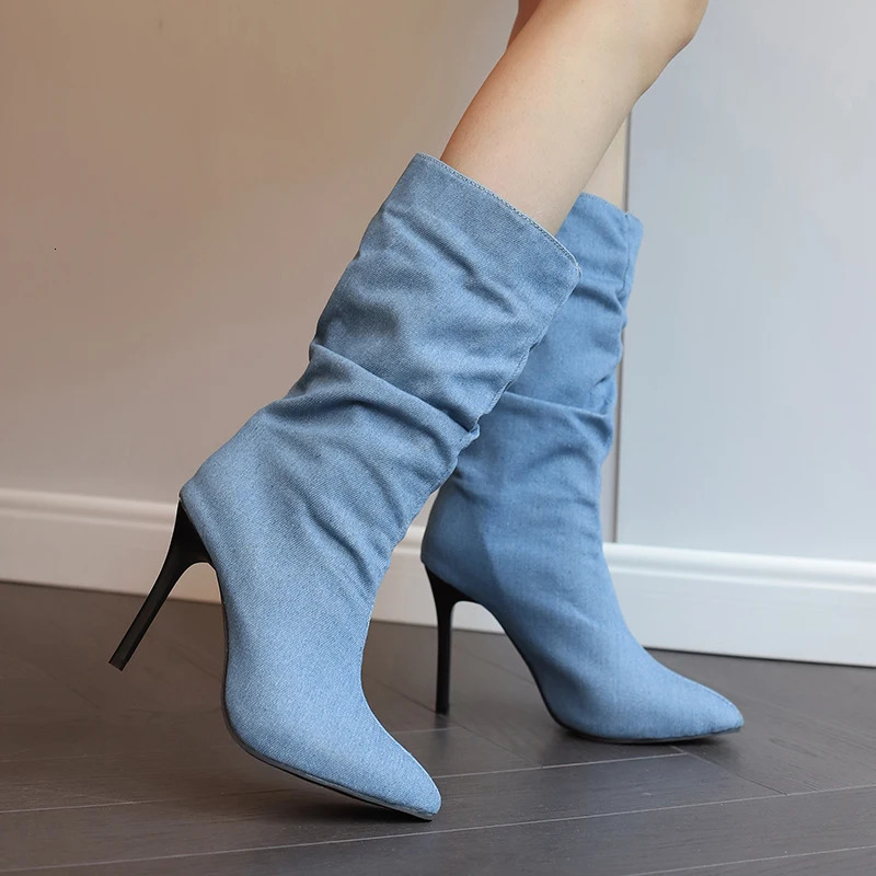 Women Denim Cowboy Boots High Heels Winter Warm Shoes Extra Big Size 45 47 48 Mid Calf Boots Stiletto 251106