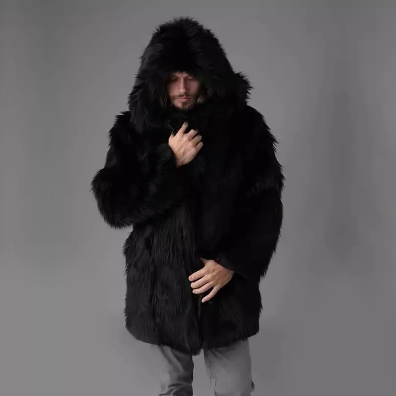 Men Hooded Faux Fox Fur Coats Solid Overcoats Mid Lenth Long Sleeves Open Stitch Loose Fit Casual Streetwear 2025 Autumn Winter 251105