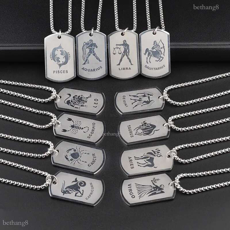 Stainless Steel 12 Zodiac Sign Necklace Dog Badge Pendants Charm Star Sign Choker Astrology Necklaces for Man Fashion Jewelry Will and Sandy