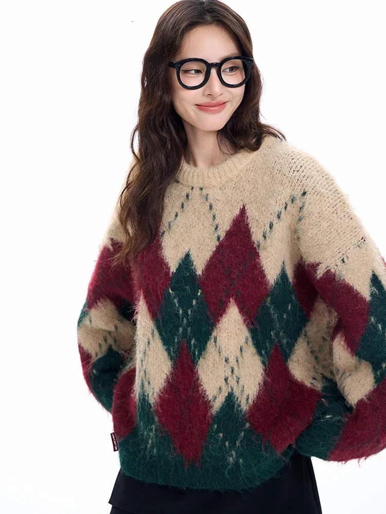 Spliced Christmas Red Diamond Grid Top Checkered Round Neck Knit Long Sleeve Retro Sweater Women Street Loose Casual 251106