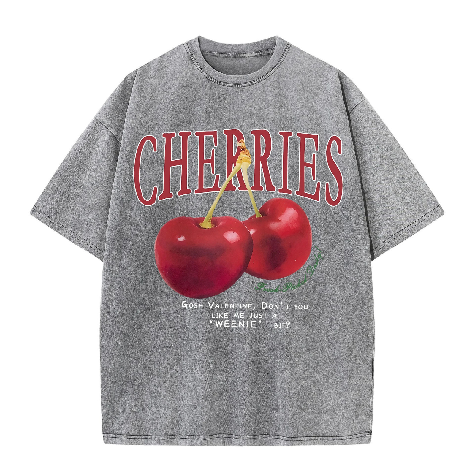Women Cotton Washed T-Shirts Trend O-Neck Distressed Tops Fresh Red Cherries Print Short Sleeve Summer Street Female Clothes 250410