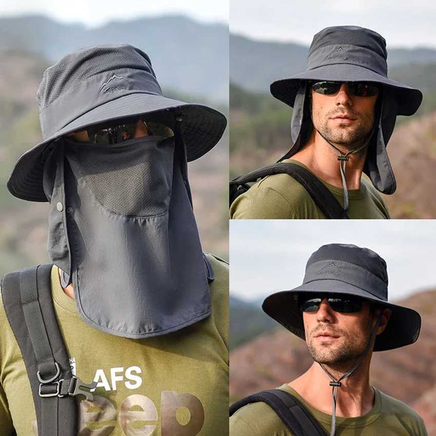 Summer Sunscreen Bucket Hats For Men Outdoor Full Cover Anti-mosquito Camping Hat Breathable Waterproof Fisherman Hats Quick DryC250411