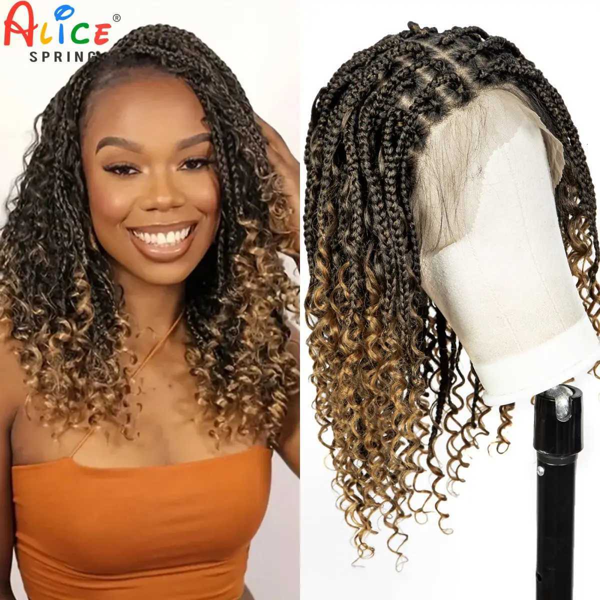 Ombre Knotless Box Braided Wigs with Curly Ends Synthetic Full Lace Braided Lace Wigs Short Boho Braided Bob Wig for Black WomenT251111