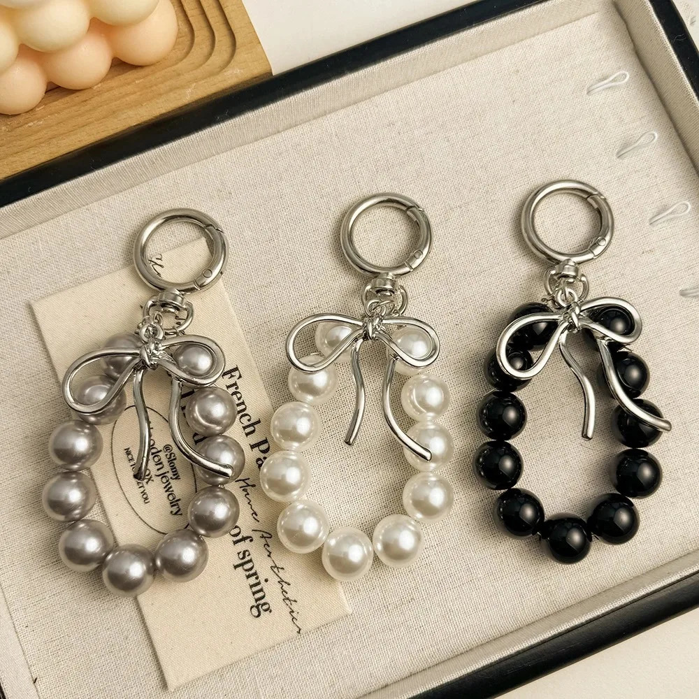Exquisite Beautiful Beads Bowknot Keychains Phone Accessories Imitation Pearl Bag Pendant Accessories Metal Bead Key Chains 251110