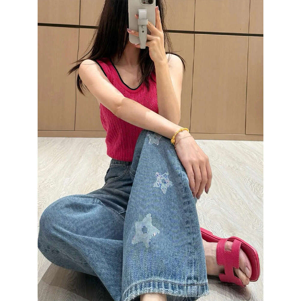 Women's jeans Women's Wear South Oil Ding Star Hot Diamond Jeans For Women In Early Spring 2025, New High Waist, Slim And Loose Straight Wid