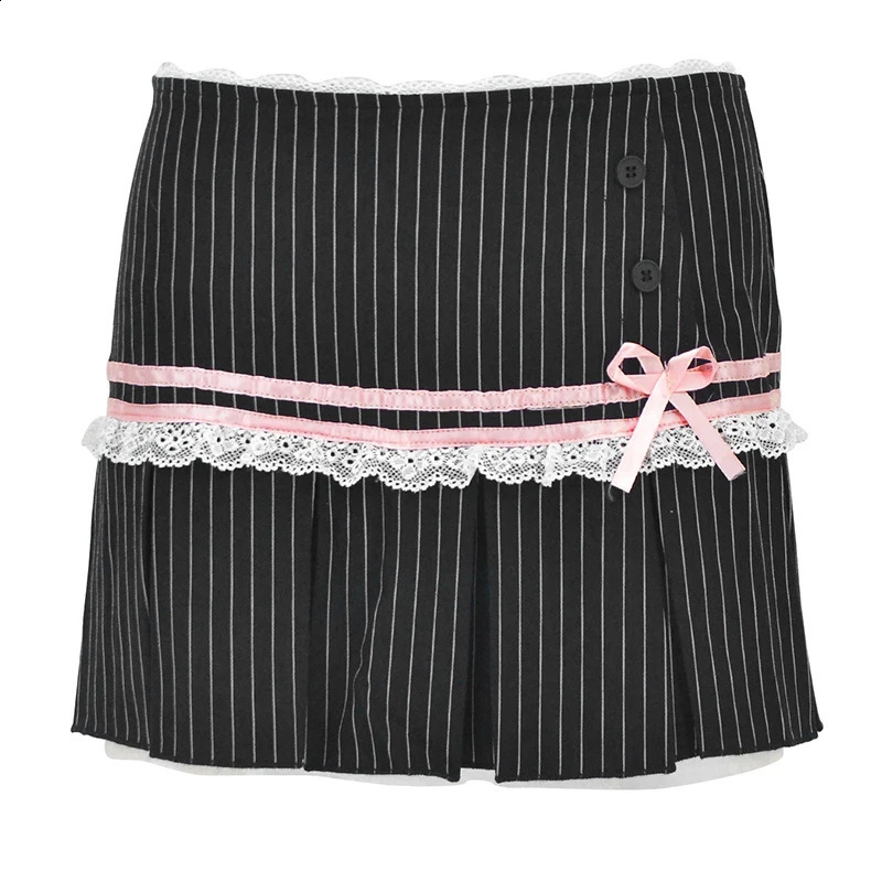 ALine Womens Summer Black Fashion Button Striped Party Clothing Sexy Lace Club Versatile Knitted Mini Skirt 250407
