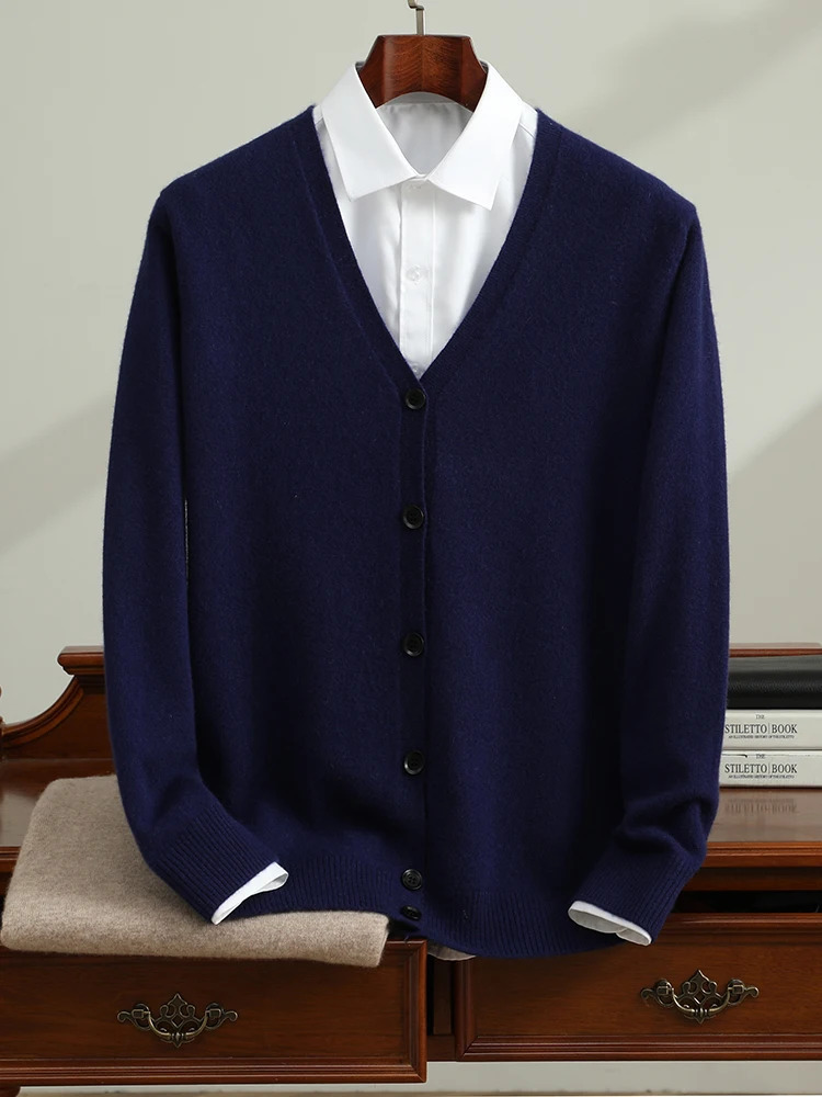 ANGEL 100 Goat Cashmere Mens Cardigan Autumn Winter Sweater Casual Business VNeck Shirt Fashion Warm Long Sleeve Clothing Top 251030