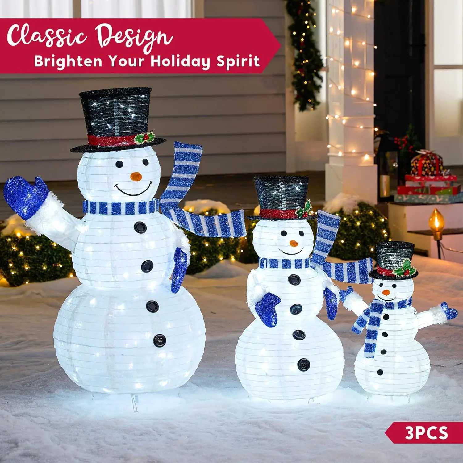 Christmas JOYFY 3 Pcs 3D Christmas Collapsible Snowman Yard Light 270 Pre-Lit LED Cool White Light for Indoor Outdoor Garden Holiday Dcor Y251111