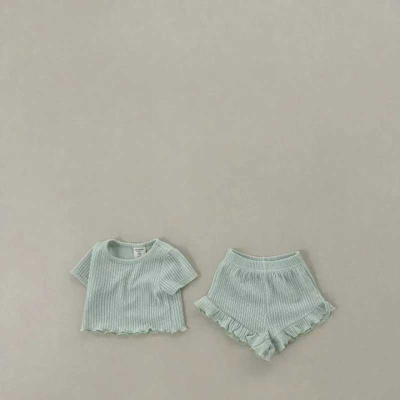 Baby summer cotton ribbed clothing set childrens short sleeved top T-shirt+shorts 2-piece set childrens casual pleated clothing setXJ250410