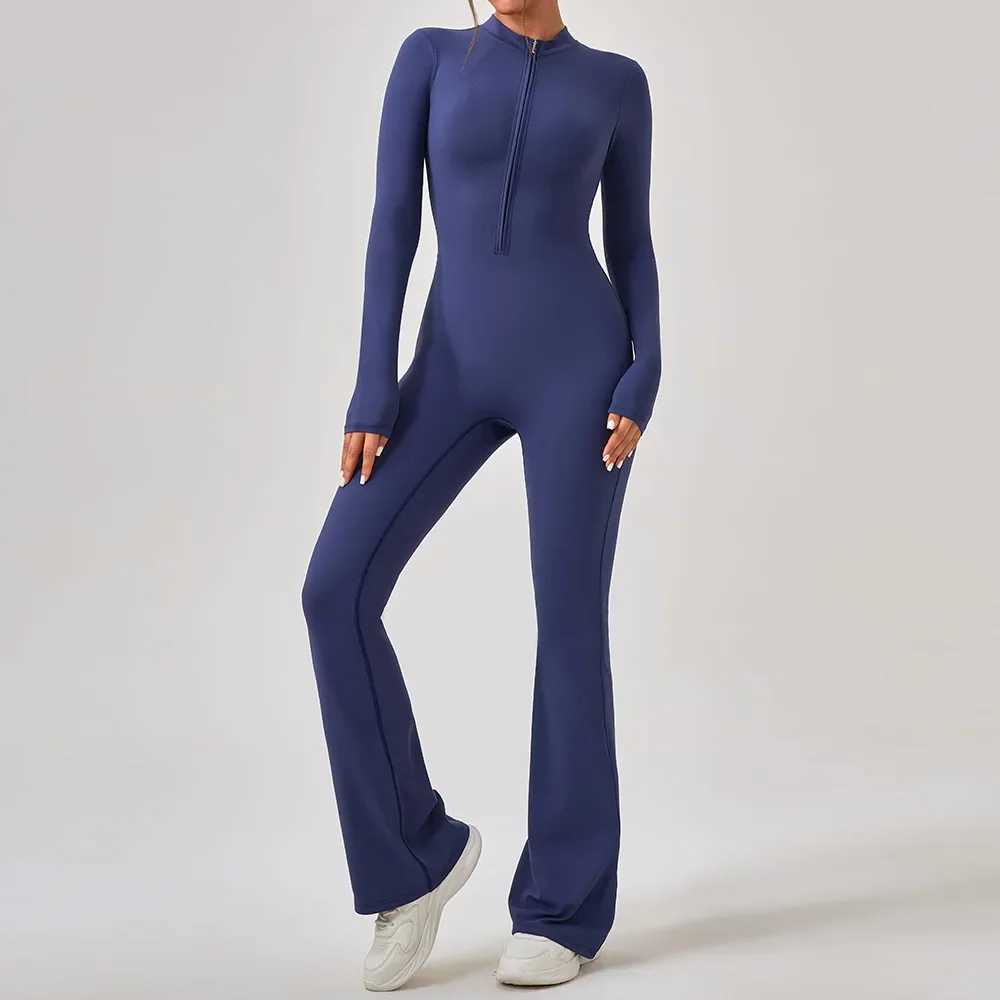 Zipper long sleeved yoga jumpsuit wide leg Flare womens sportswear quick drying gym running set one-piece sportswearW250411