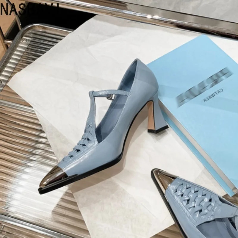 Vintage Polished Pointed Toe Women Cow Leather Pumps Thin Heels Pointed Toe Buckle Strap Big Size 34-40 Handmade 251110