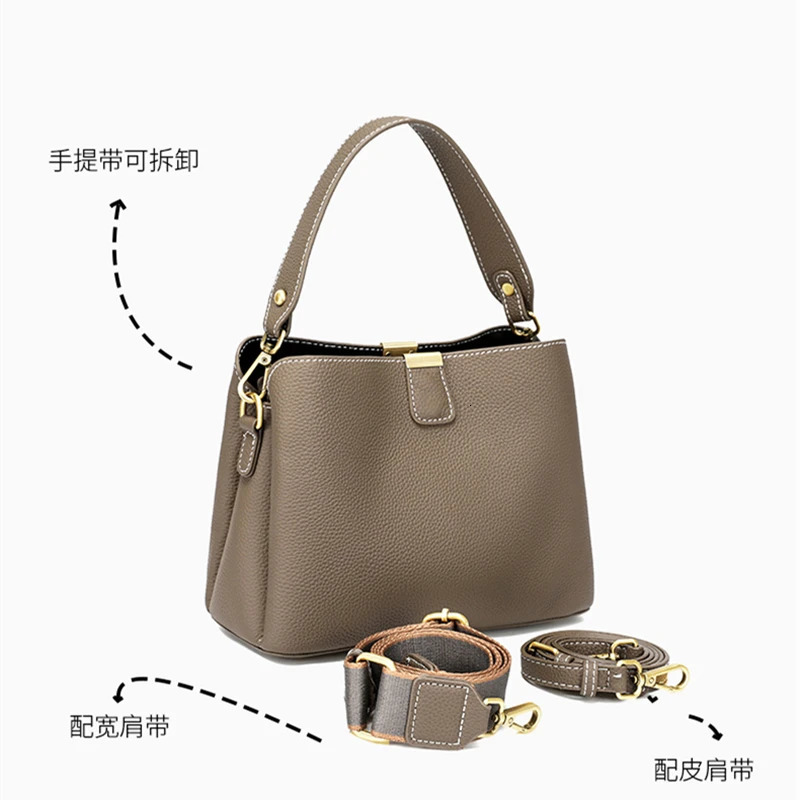 Hifashion Cowhide Genuine Leather Bucket Tote Handbags For Women 2025 Wide Strap Ladies Shoulder Crossbody Bags 251103