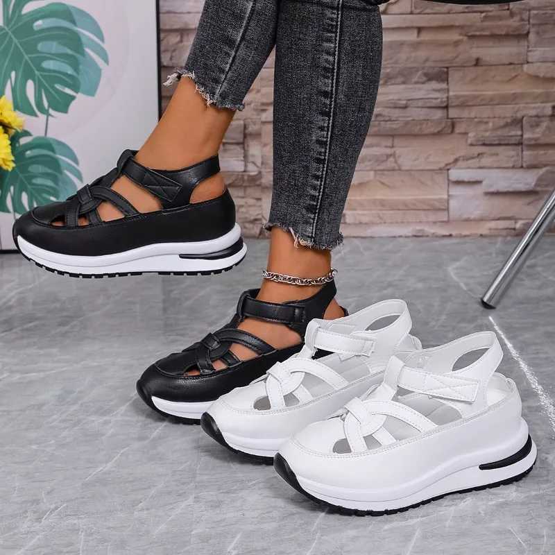 Hot selling womens sandals 2025 new item PU leather hollow design hook and loop N-slip thick soled sandals womens shoes no print ZapatosXJ250410