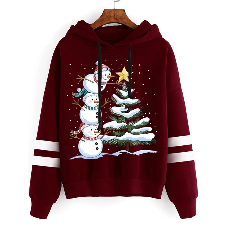 Autumn Winter Christmas Hoodie Women Cartoon Snowman Xmas Tree Graphics Sweatshirts Female Long Sleeve Drawstring Creative Hoody 251105
