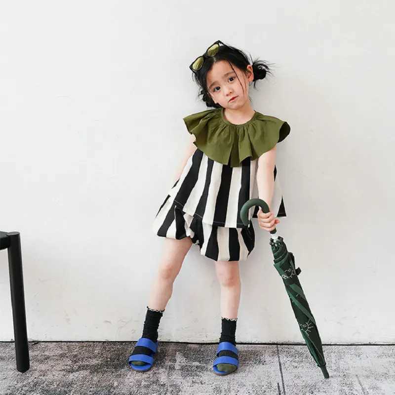 Summer fashion baby girl pleated collar sleeveless lace T-shirt top+shorts set childrens 2-piece set clothing for 2-8 yearsXJ250410