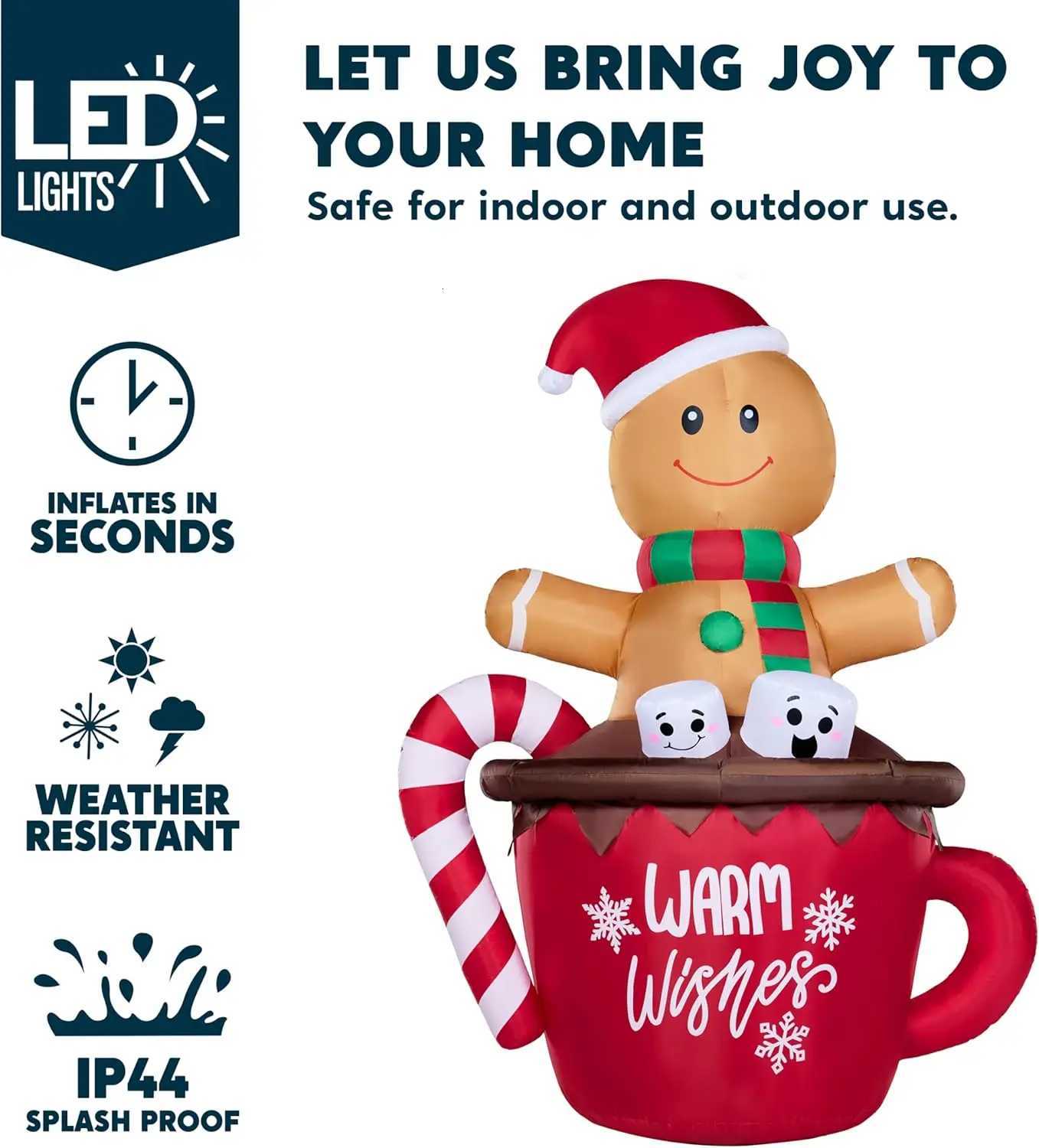 Christmas JOYFY 6 FT Tall Christmas Inflatable Gingerbread Man in Hot Cocoa Mug with Build-in LEDs for Xmas Party Outdoor Garden Decor Y251111
