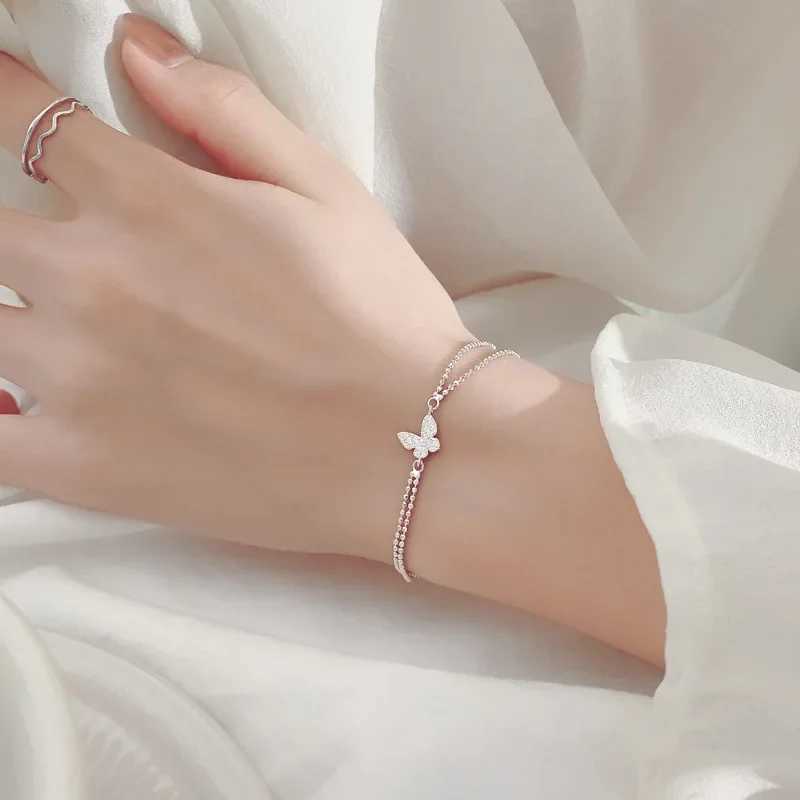 2024 Sweet Shining Zircon Butterfly Bracelet for Women Anti-Allergic Silver Color Chain Bling Bracelet with Stamp GiftC250410