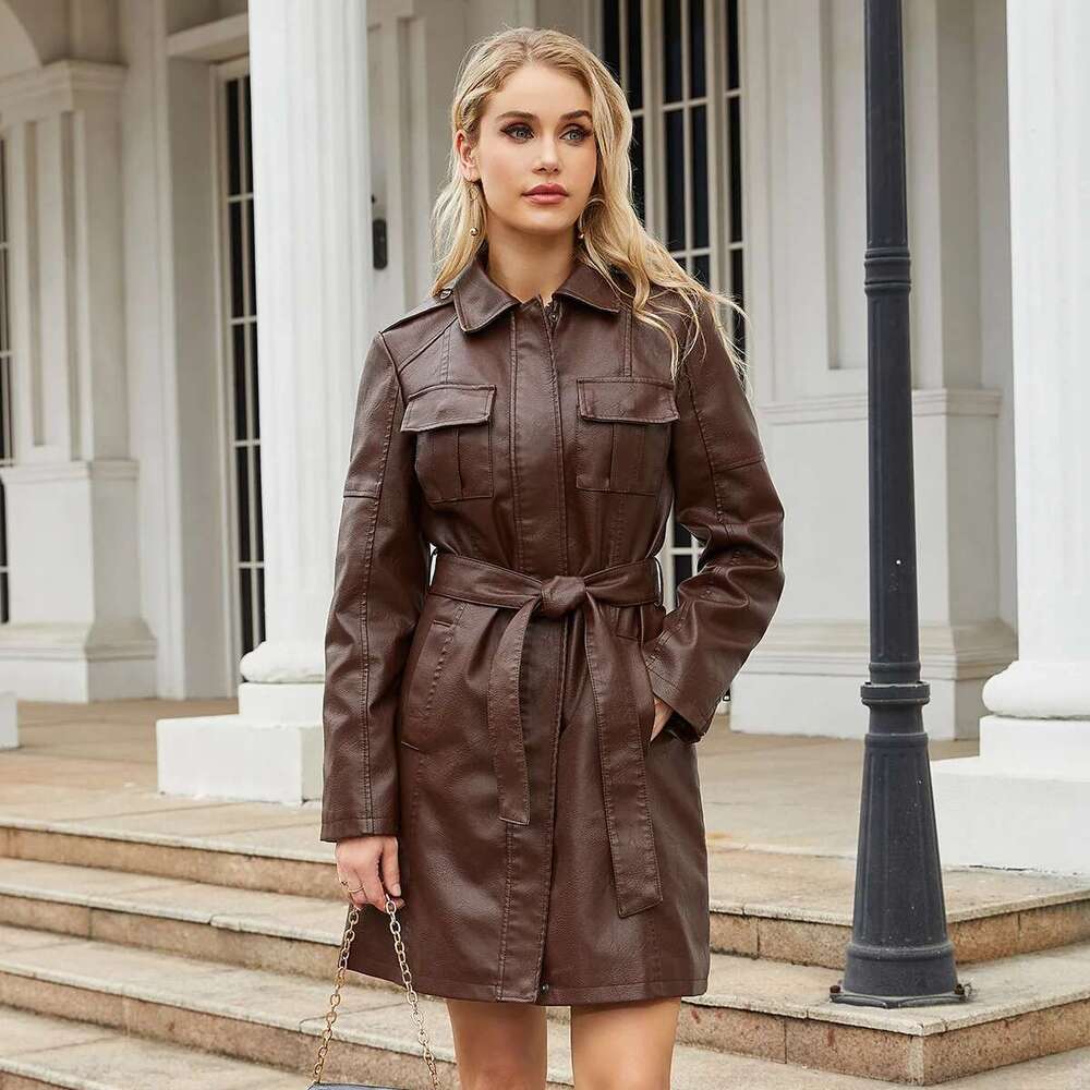 Red Long Waist Lace-Up Leather Women's Long-Sleeved Lapel PU Windbreaker Jacket Fashion Female Single-Breasted Overcoat