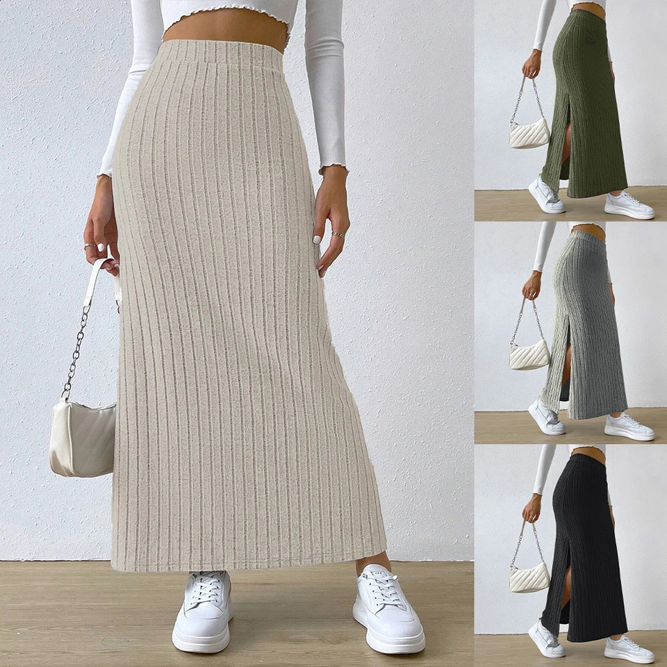 Womens Skiing 2024 SpringSummer Korea High Waist Elastic Slim Hip Knitted Sexy Bodycon Midi Clothing M L XL XXL 250407