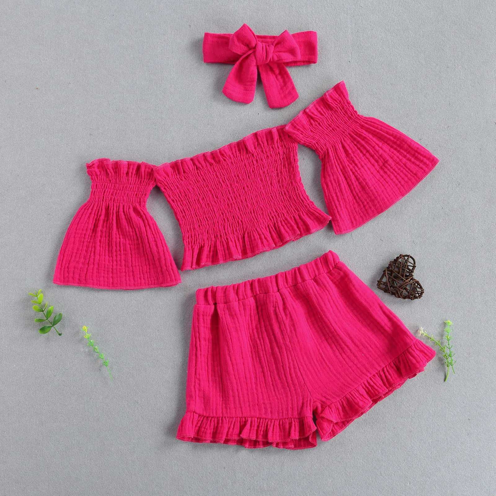 3 baby solid color sets baby girl shoulder flap sleeves boat neck top+pleated shorts+bow headband 1-6TXJ250410