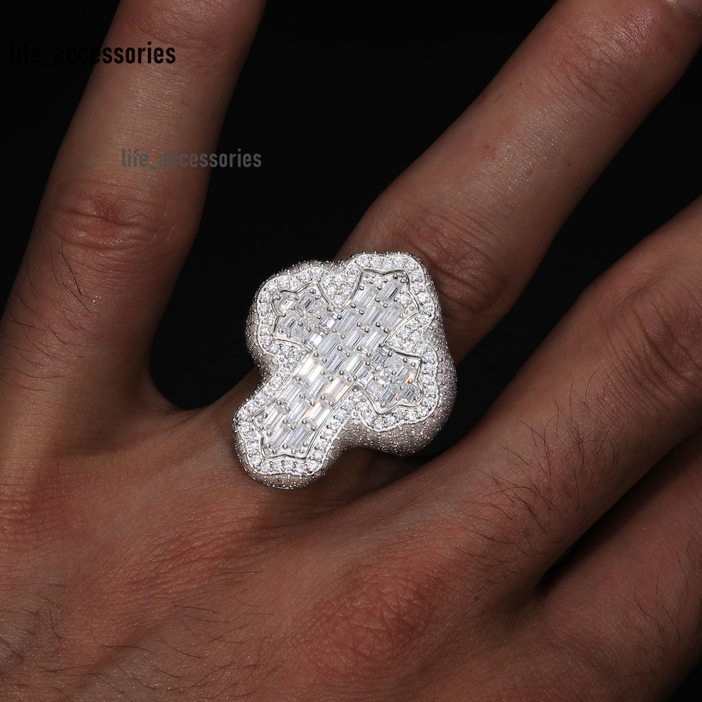 Hot Selling Pass Diamond Tester Hip Hop Jewelry 925 Sterling Silver VVS Baguette Moissanite Cross Ring With GRA Certificate