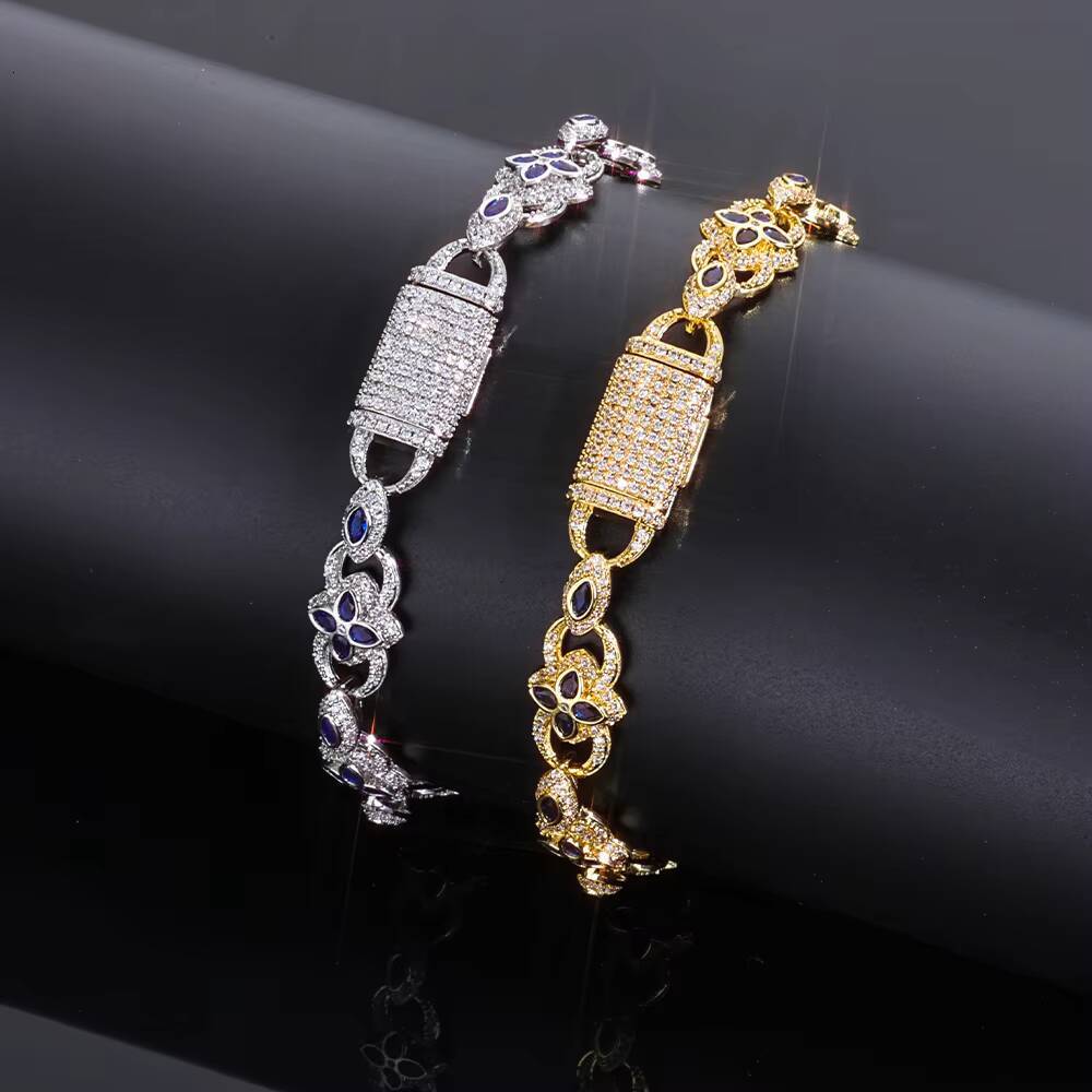 NUOYA 11mm Flip Button Chain Four Leaf Clover Eye Infinity Gold Plated Iced Out Moissanite Hip Hop Bracelet