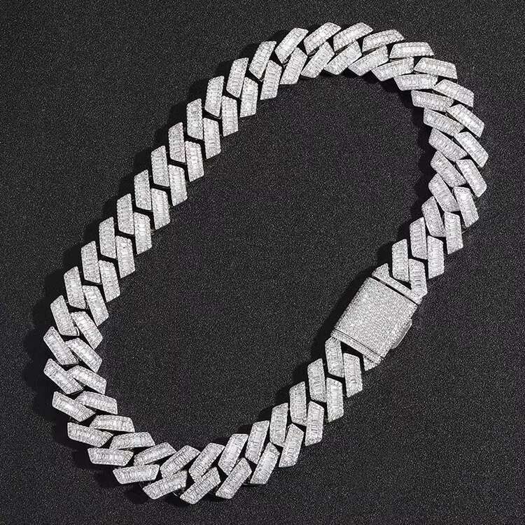 Fashion Customized Chain Gold Plated Sterling Silver Single Row baguette VVS Moissanite Diamond Cuban Chain Link for Hiphop Life
