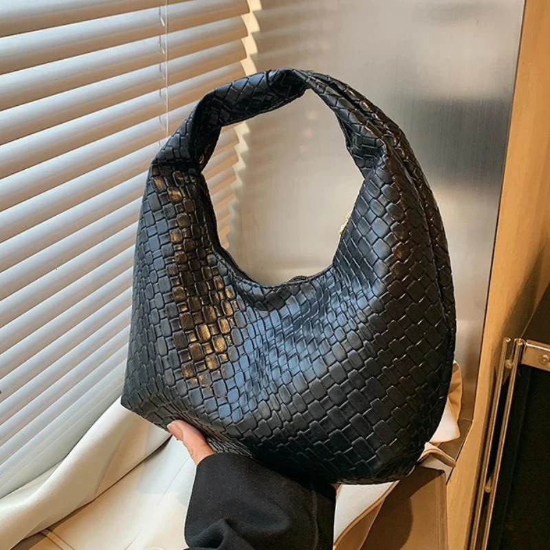 Retro Casual PU Leather Tote Woven Embossed Shoulder with Knotted Detail - Versatile Pleated Hobo Bag by R251111 XJ260206