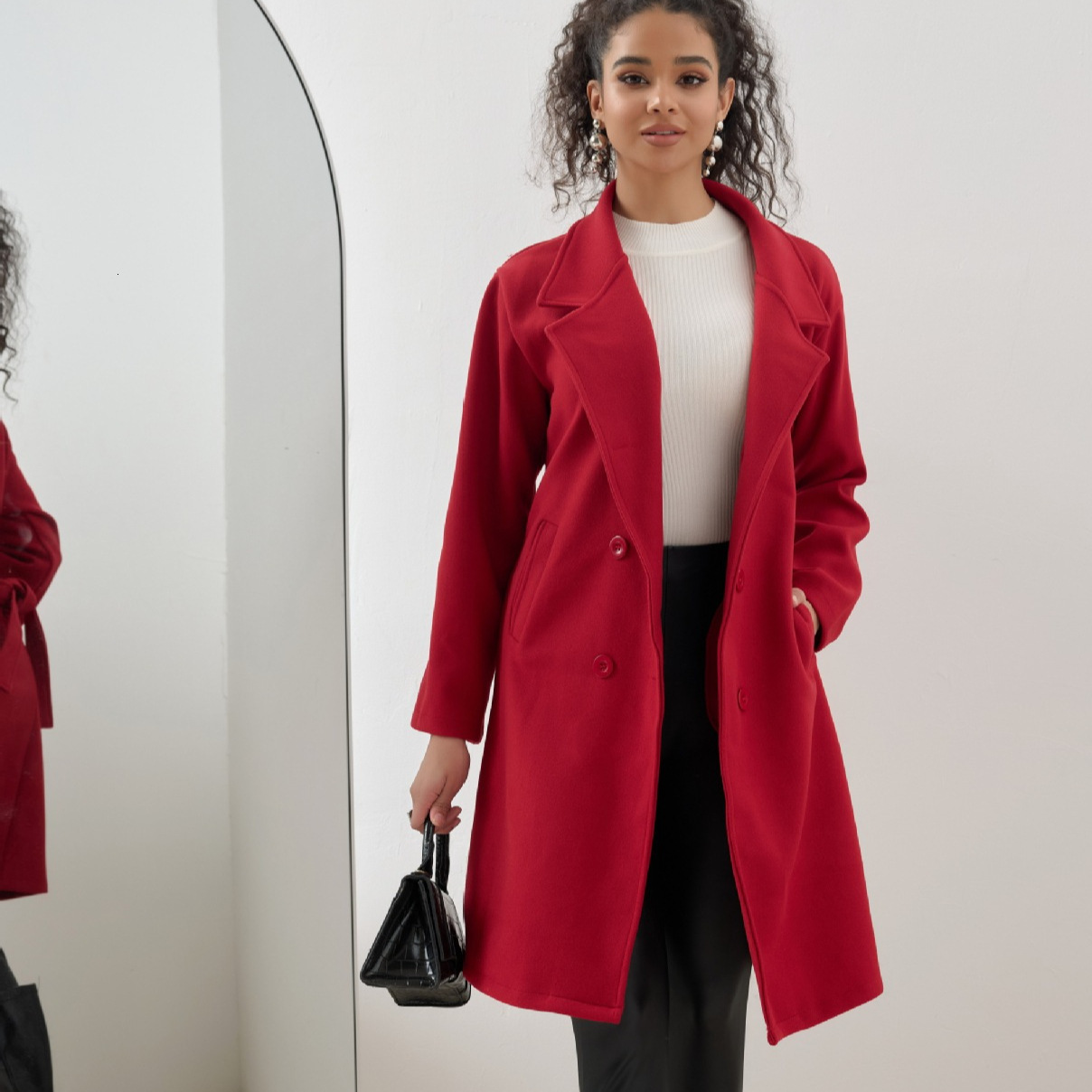 Autumn and winter new women's long lace up woolen solid color simple slim fit coat