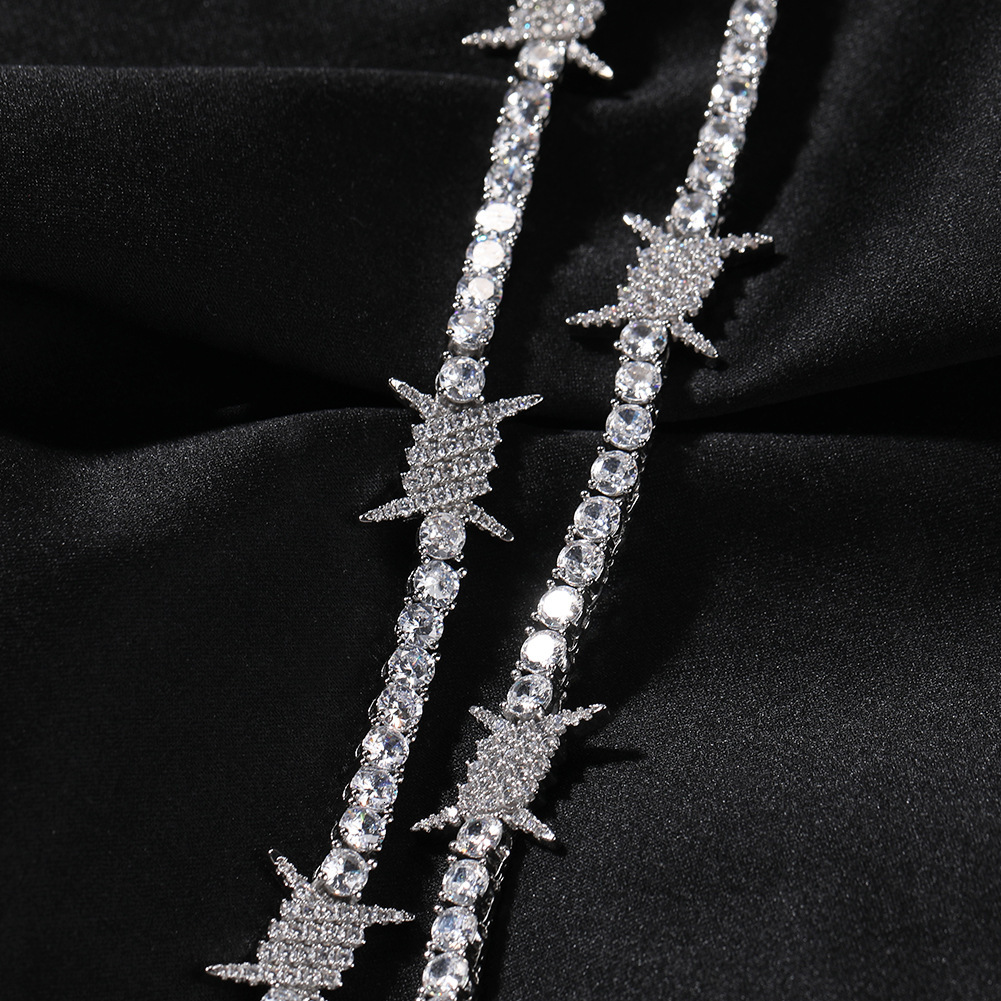 Hip Hop Full Bling Cz Stones Barbed Wire Thorn Tennis Necklace For Men 14k Gold Plated Copper Prong Iced Out Cubic Zircon Party Rapper Jewelry Accesso