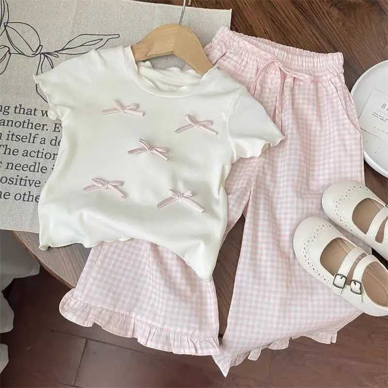 2PCS Summer Childrens Girls Clothing Set Cotton Knot Short Sleeve Top Suitable for Baby Girls Pink Wide Leg Pants Childrens Girls ClothingXJ250410