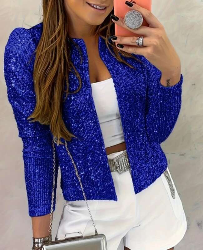 Autumn Winter Fashion Women's Long Sleeved Jacket With Round Neck And Full Sequin Design Short Personalized Slim Fit Coat
