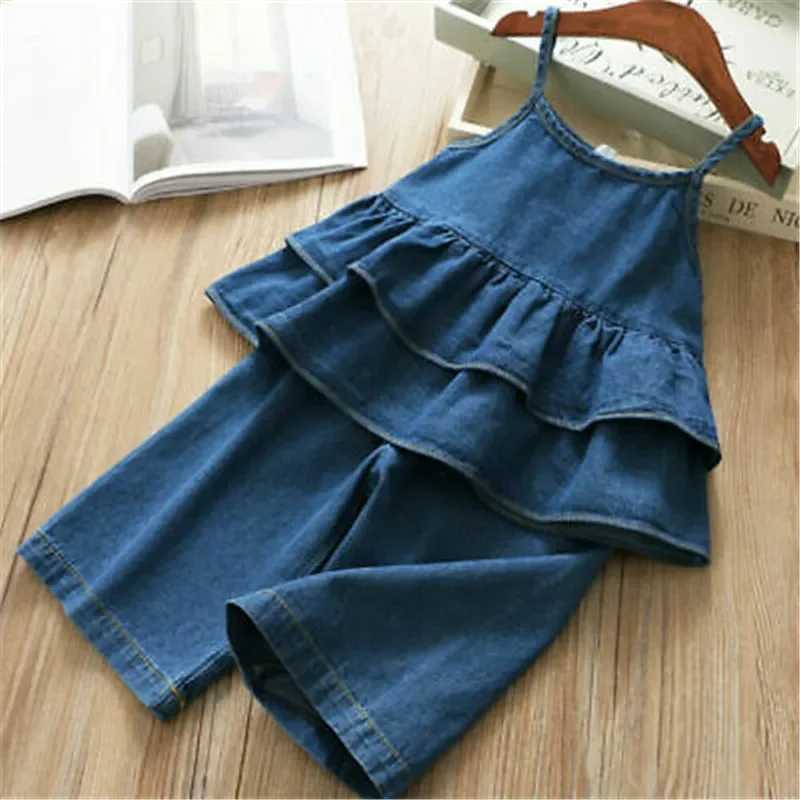 1-5 year girl denim suit sleeveless ruffled Camisol high waisted wide leg pants blue denim suitXJ250410