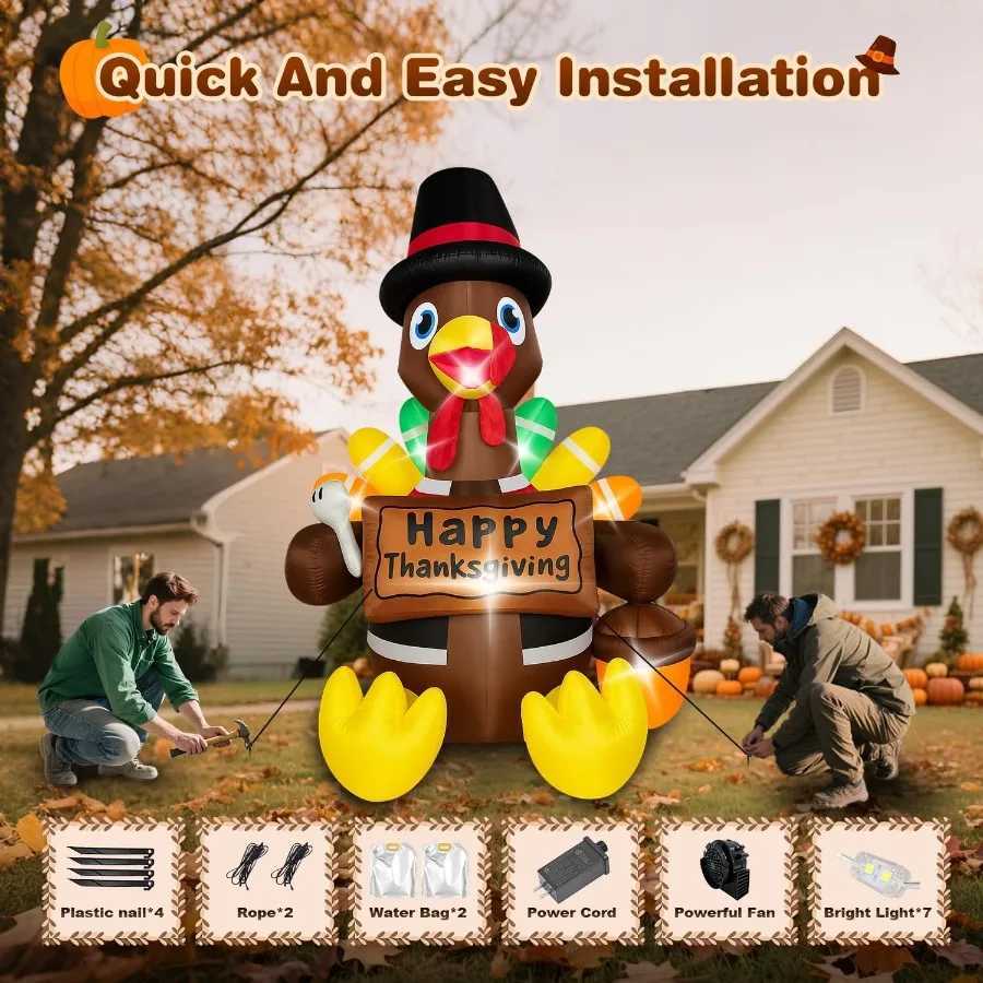 Christmas 6FT Fall Inflatable Turkey with Builtin LED Lights and Colorful Tail for Outdoor Lawn Yard Decoration Perfect Thanksgiving Infl Y251111