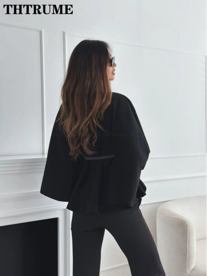 Elegant autumn solid jacket fashionable womens single chest batwing sleeve thick casual loose office chic 250407