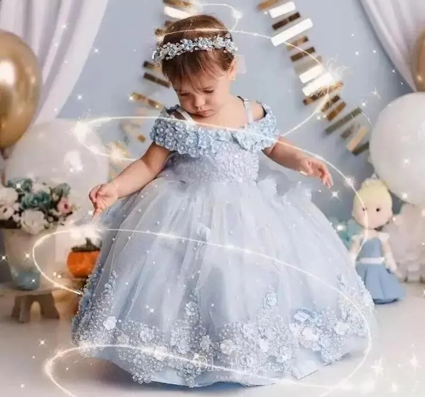 Customized Blue Baby Girl Dress Tulle Flower Pearl Butterfly Girl Dress Off Shoulder For Wedding Birthday Holy Communion Gowns 250410